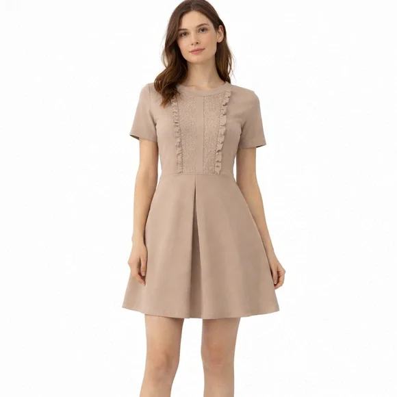 NWT ASOS Lace Panel Fit & Flare Dress Soft Taupe Beige/ Nude Beige Size US 12 - Picture 2 of 16
